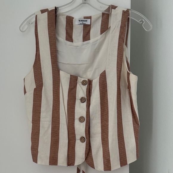 Cream and Brown Striped Button Vest and short set - Picture 2 of 7